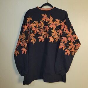 Vintage Fall Autumn Leaves Sweatshirt Black Crewneck Cottagecore 90s Women's XL